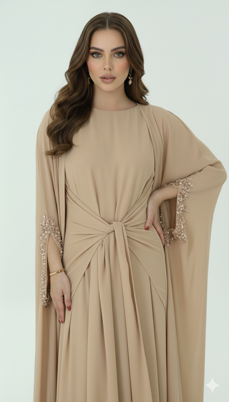 Perlenbesetztes und geknotetes fließendes Kleid, 2-teiliges Set