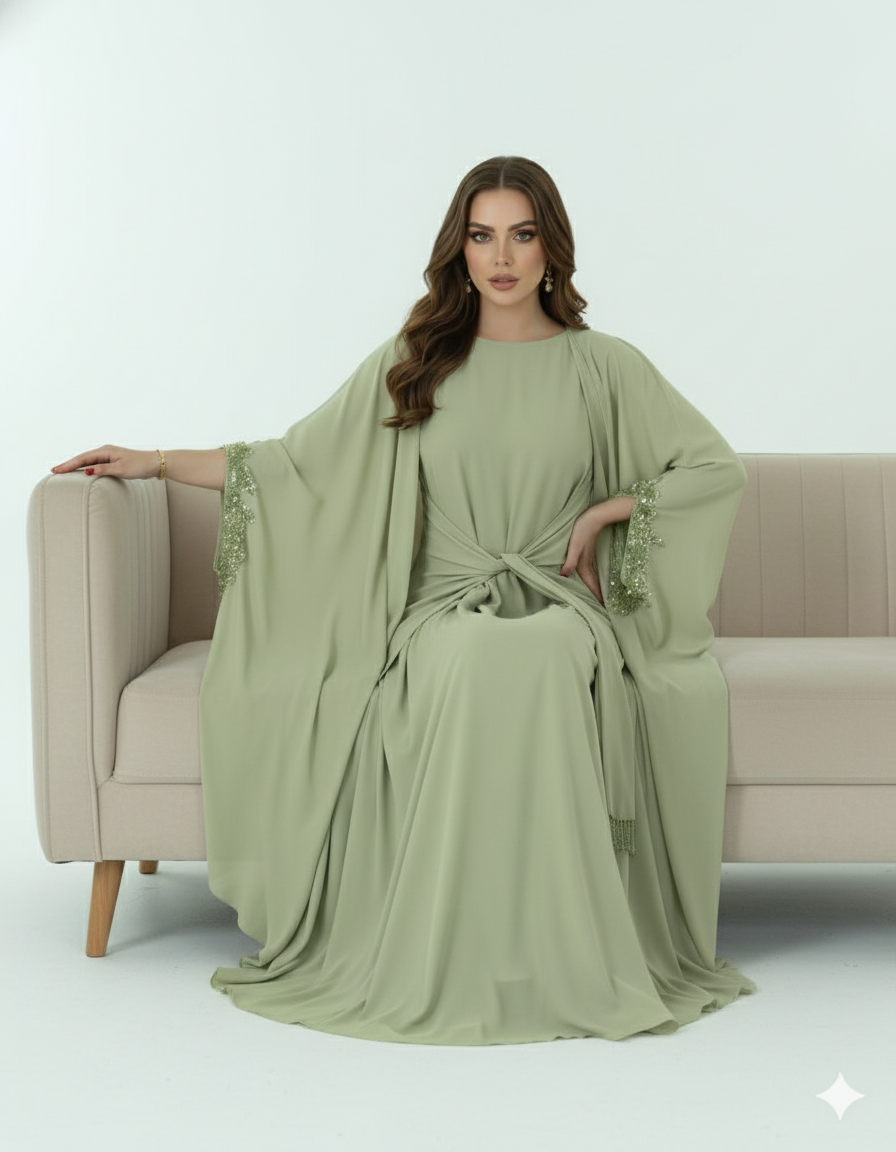 Perlenbesetztes und geknotetes fließendes Kleid, 2-teiliges Set