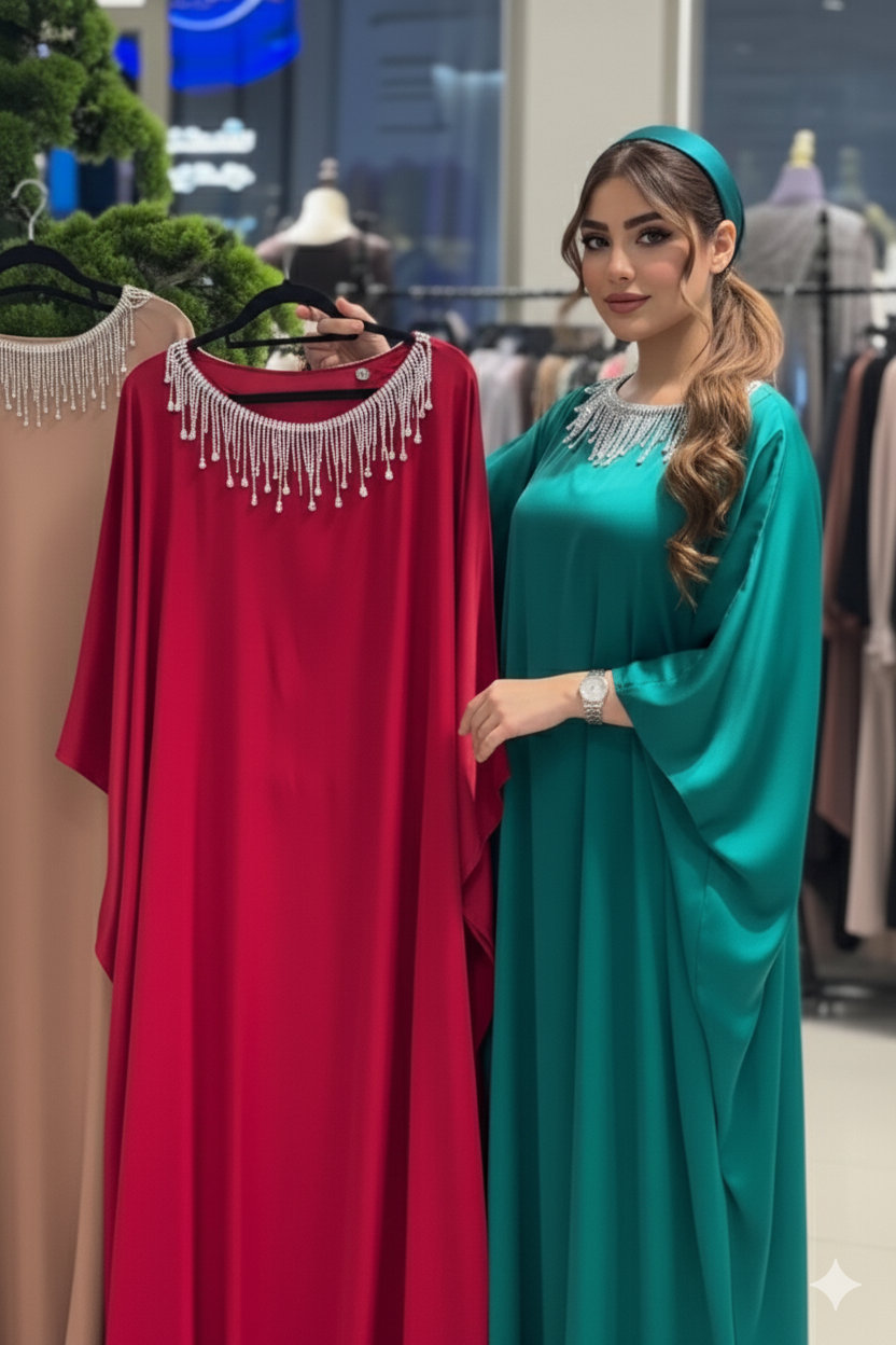 Seidenkaftan mit Fledermausärmeln und Kristallbesatz