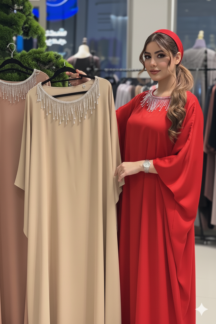 Seidenkaftan mit Fledermausärmeln und Kristallbesatz