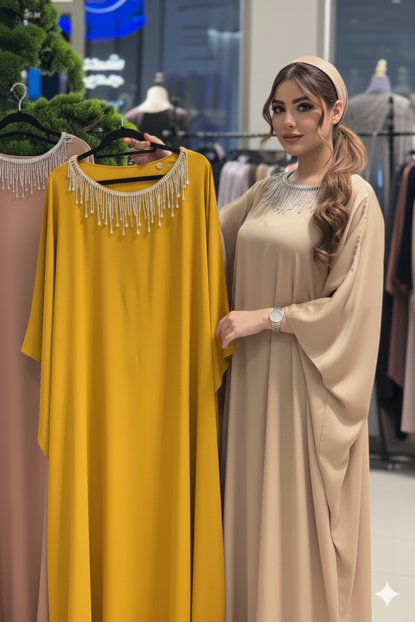 Seidenkaftan mit Fledermausärmeln und Kristallbesatz