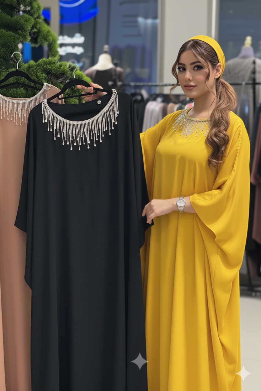 Seidenkaftan mit Fledermausärmeln und Kristallbesatz