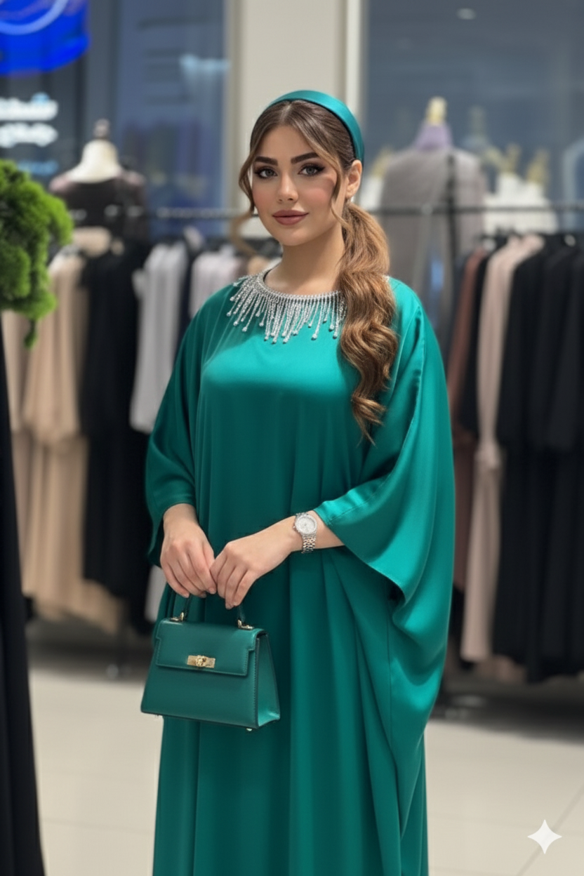 Seidenkaftan mit Fledermausärmeln und Kristallbesatz