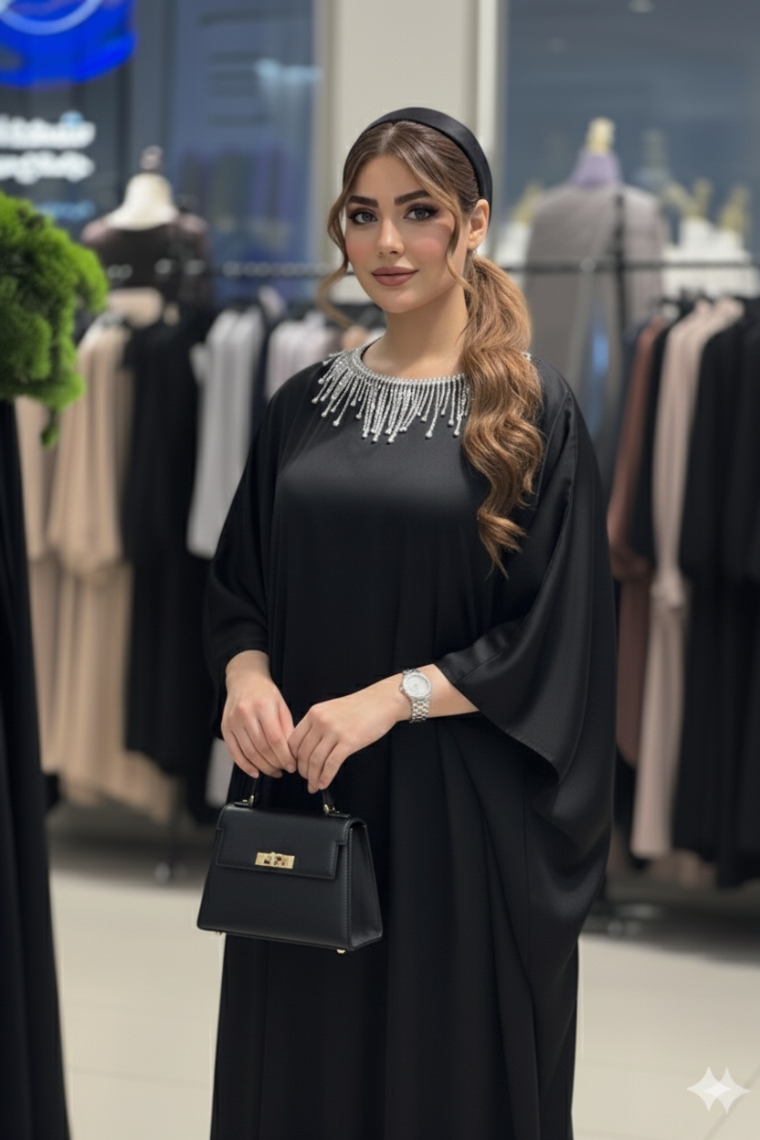 Seidenkaftan mit Fledermausärmeln und Kristallbesatz