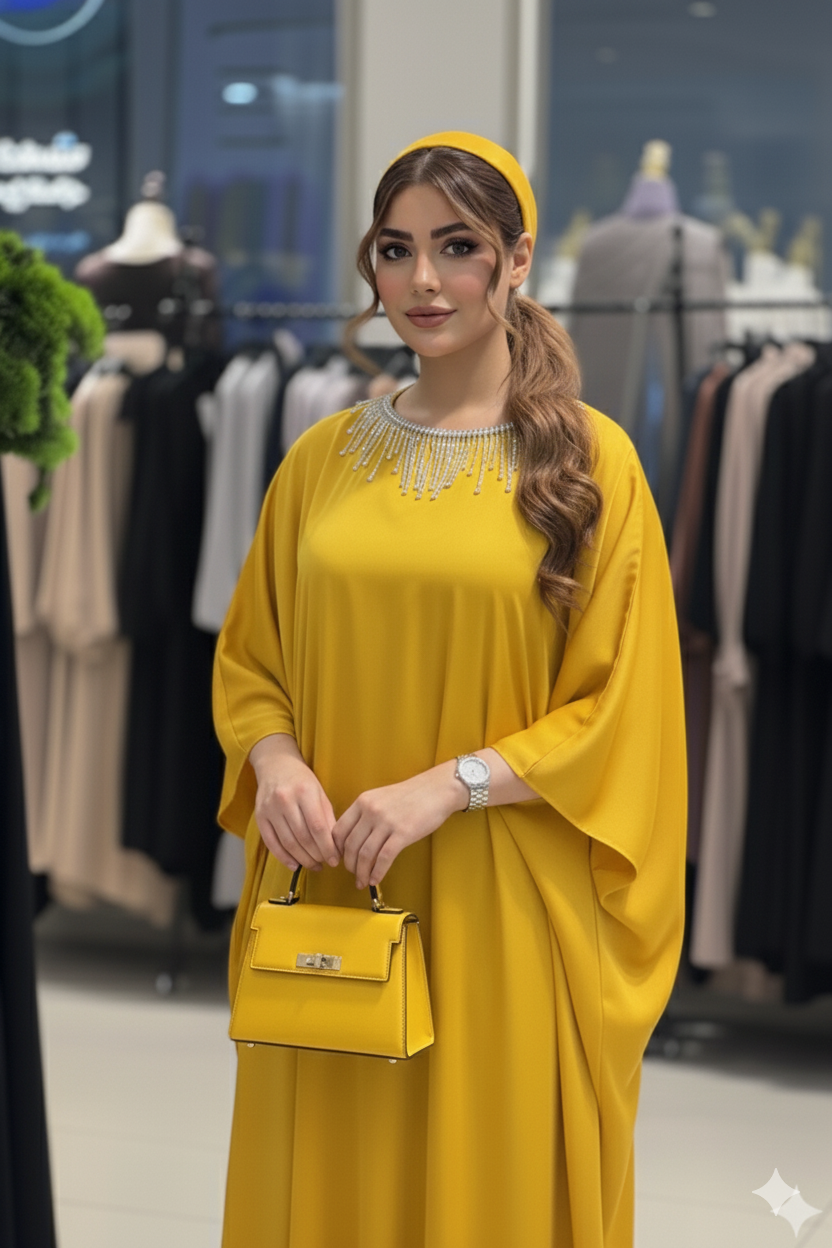 Seidenkaftan mit Fledermausärmeln und Kristallbesatz