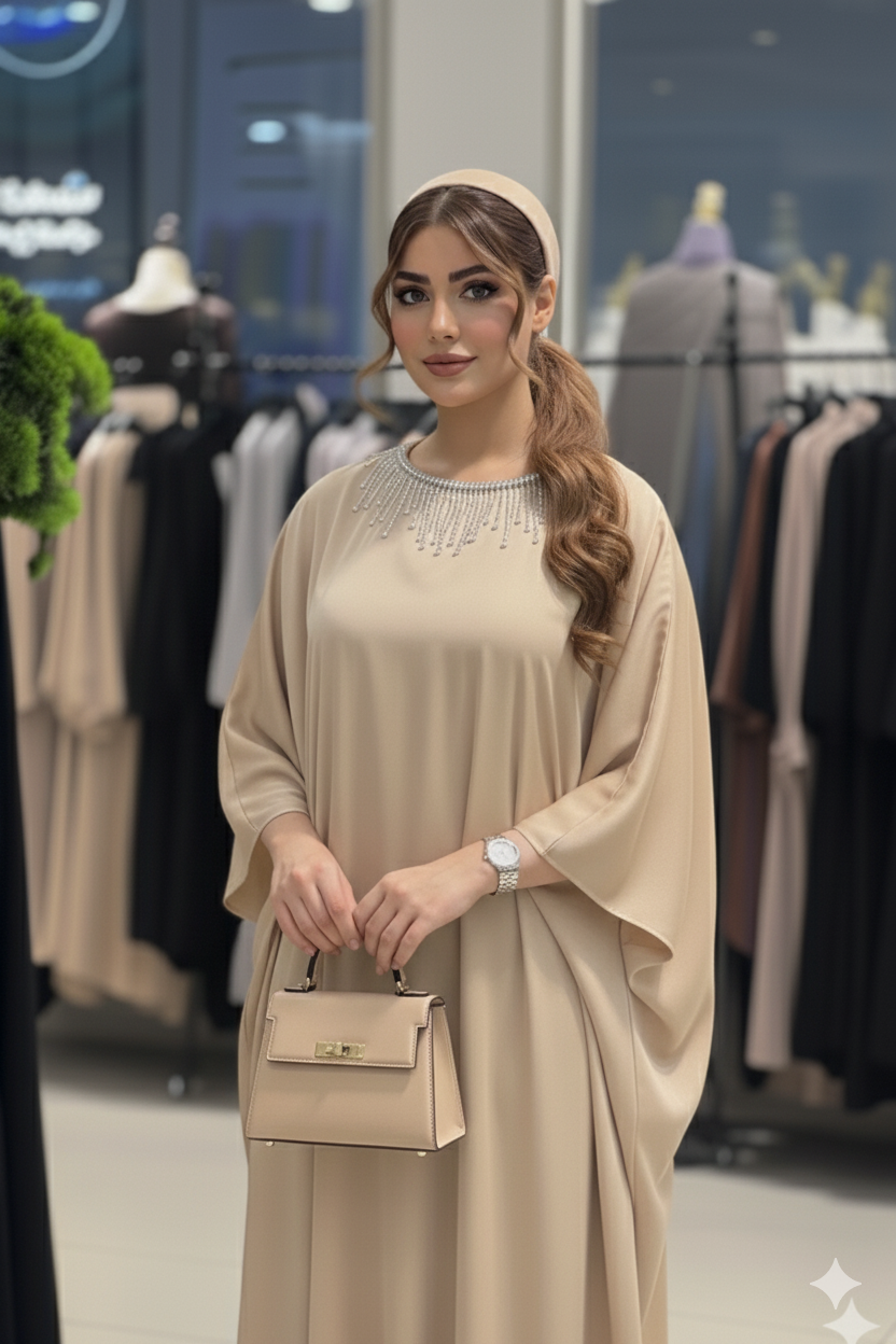 Seidenkaftan mit Fledermausärmeln und Kristallbesatz