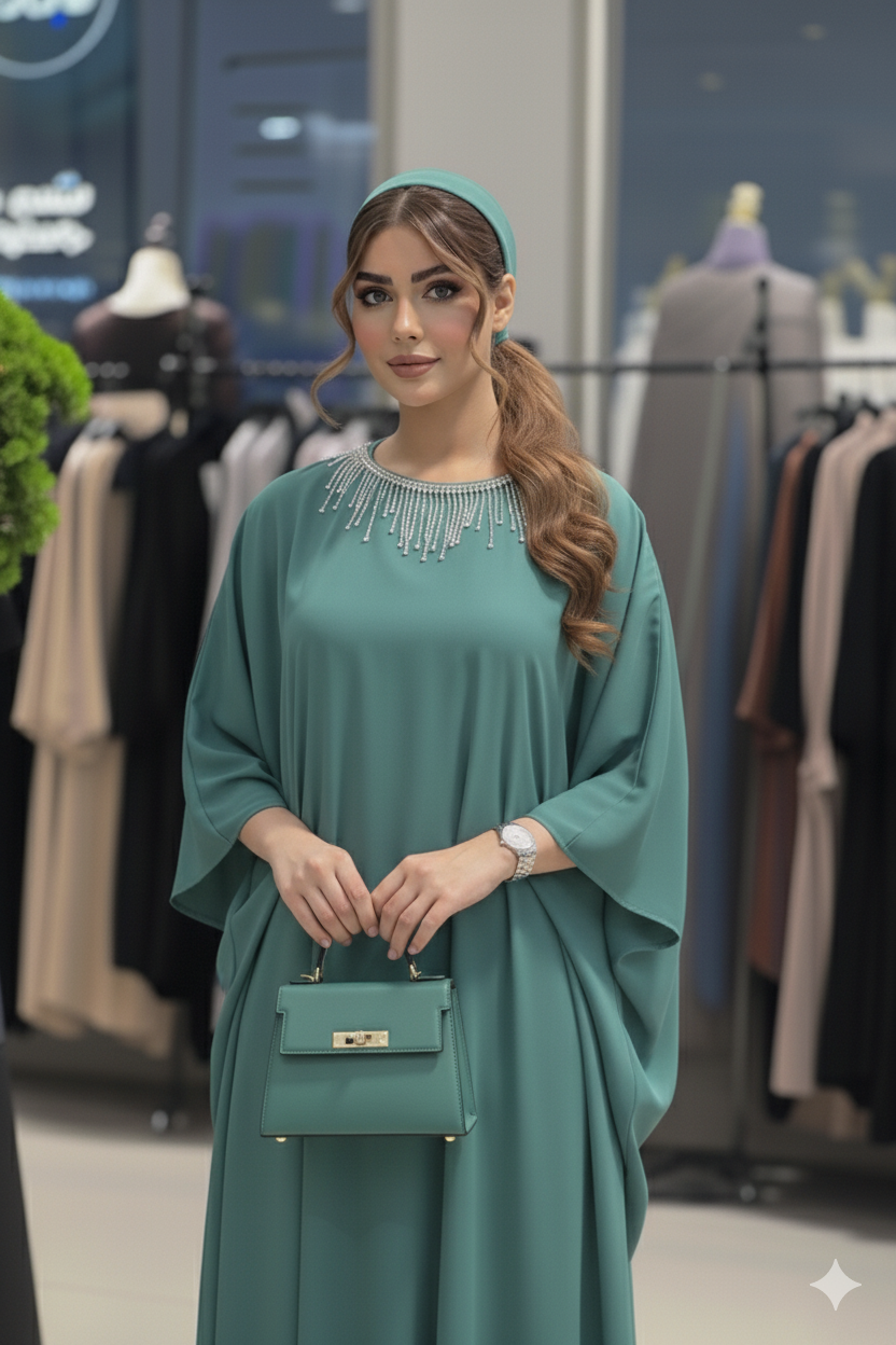 Seidenkaftan mit Fledermausärmeln und Kristallbesatz