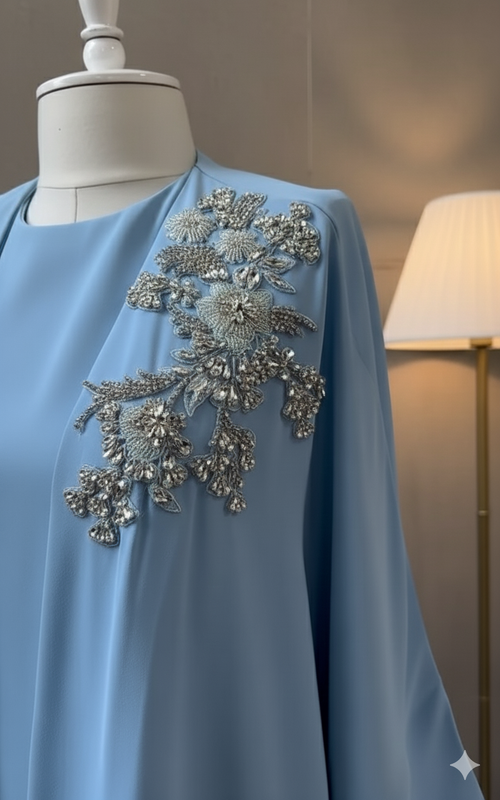 Woman wearing silver luxurious modest wear with silver embroidery — embroidered georgette modest abaya by Rubab's Hijab