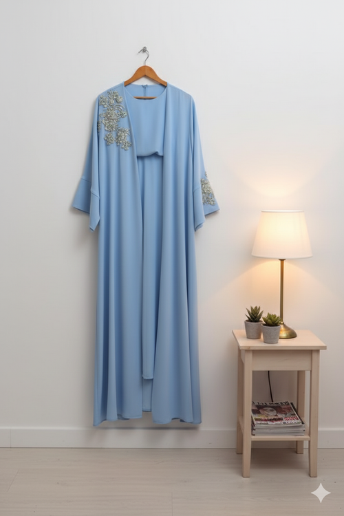 Woman wearing silver luxurious modest wear with silver embroidery — embroidered georgette modest abaya by Rubab's Hijab