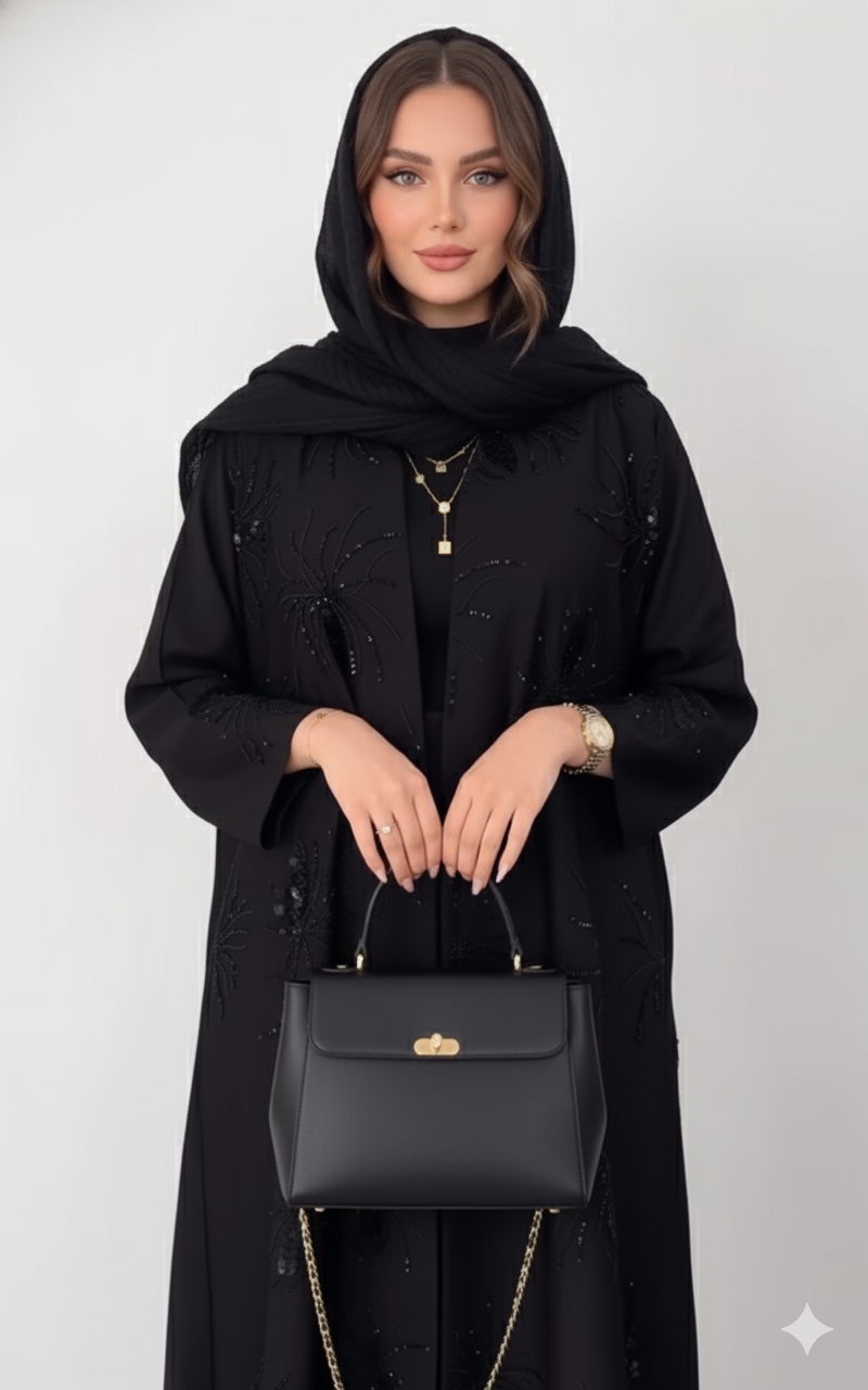 Moderne schwarze Abaya mit detaillierter Stickerei (2-teiliges Set)