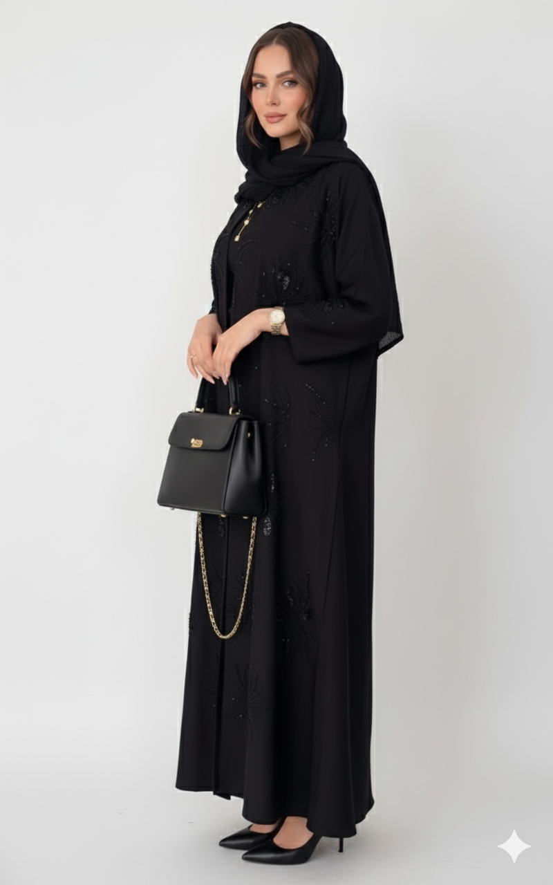 Moderne schwarze Abaya mit detaillierter Stickerei (2-teiliges Set)