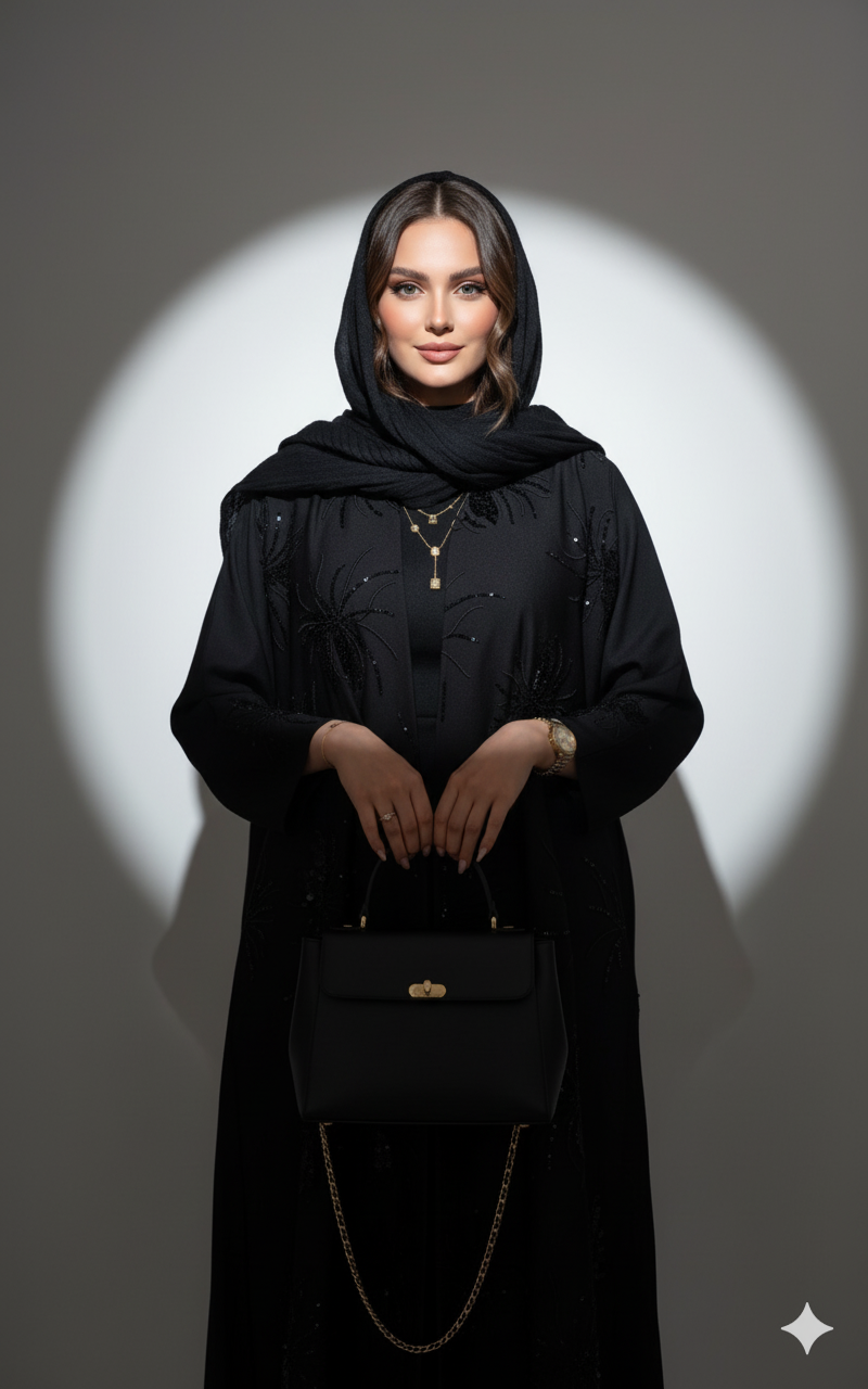 Moderne schwarze Abaya mit detaillierter Stickerei (2-teiliges Set)