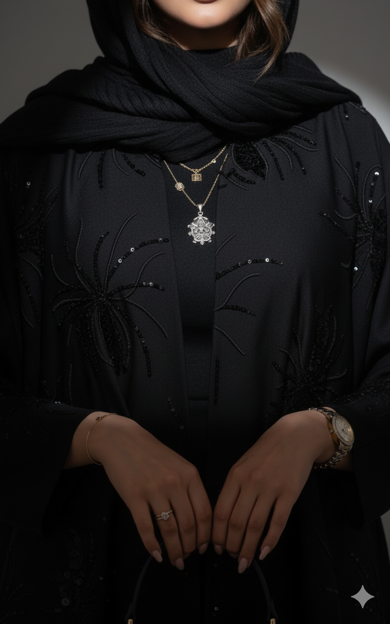 Moderne schwarze Abaya mit detaillierter Stickerei (2-teiliges Set)