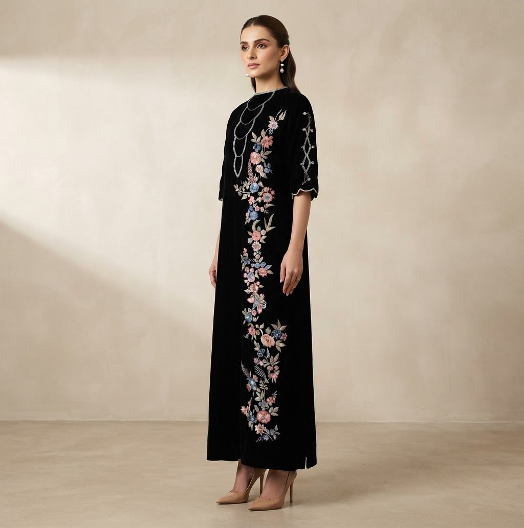 Designer Black Velvet Rainbow Embroidery Kaftan Dress | Events Wedding Occasion Wear Collection