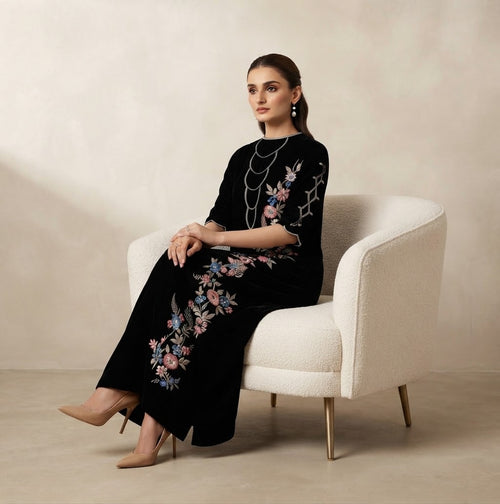 Designer Black Velvet Rainbow Embroidery Kaftan Dress | Events Wedding Occasion Wear Collection
