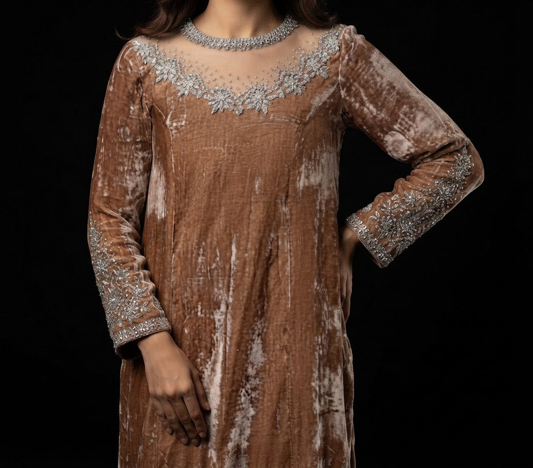 Hand Made Statement Camel Velvet Kaftan With Silver Embroidery | Events Wedding Occasion Wear Collection