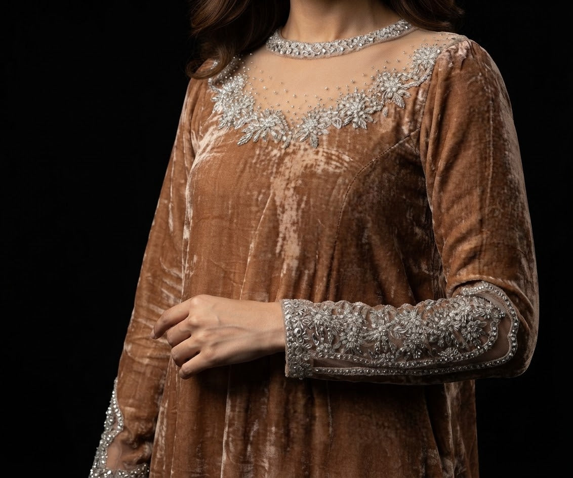 Hand Made Statement Camel Velvet Kaftan With Silver Embroidery | Events Wedding Occasion Wear Collection