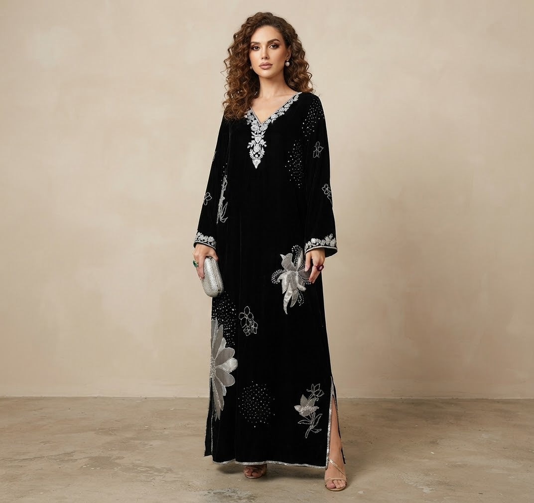 Hand-Embroidered Velvet Kaftan Maxi Dress for Women