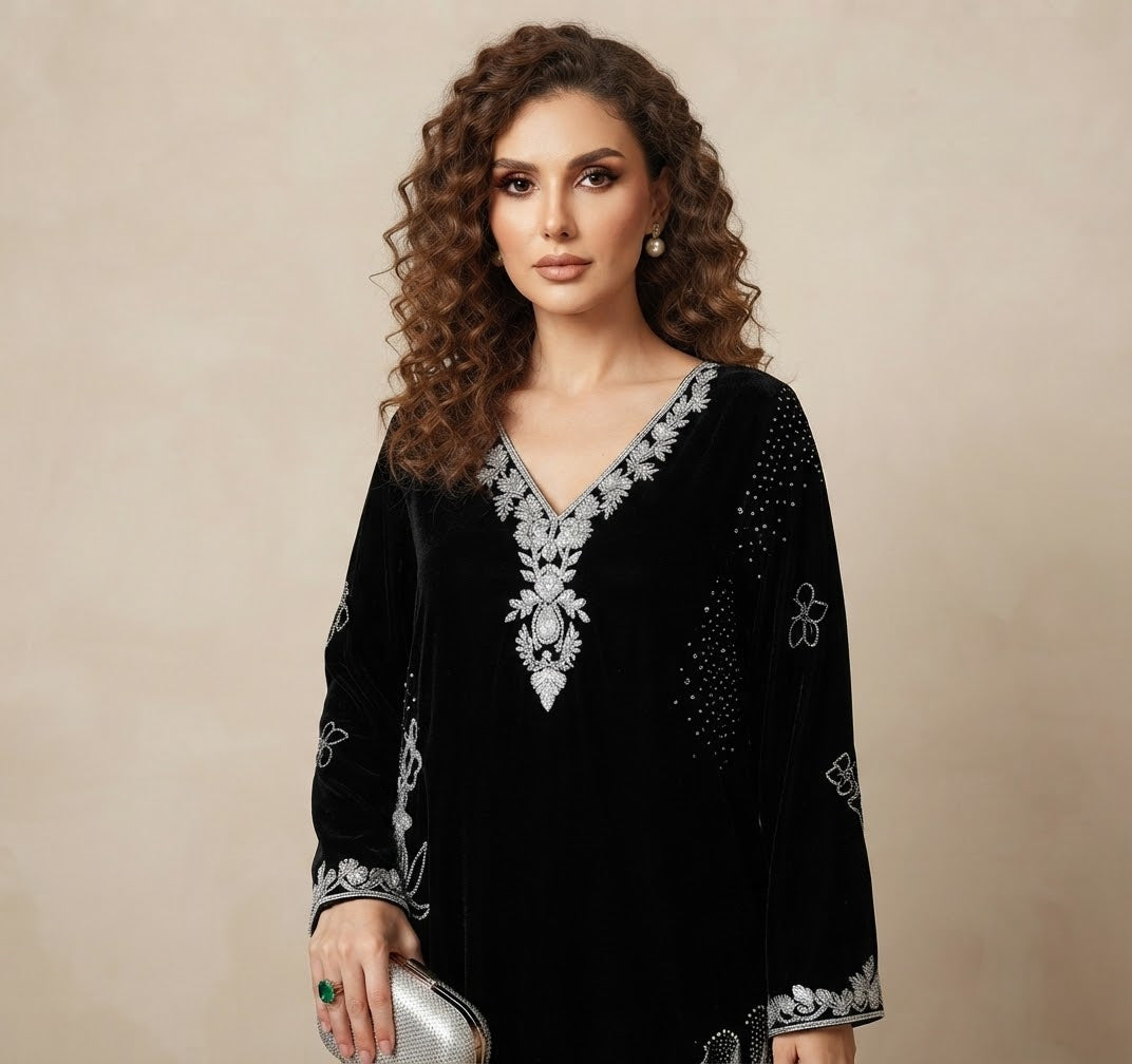 Hand-Embroidered Velvet Kaftan Maxi Dress for Women