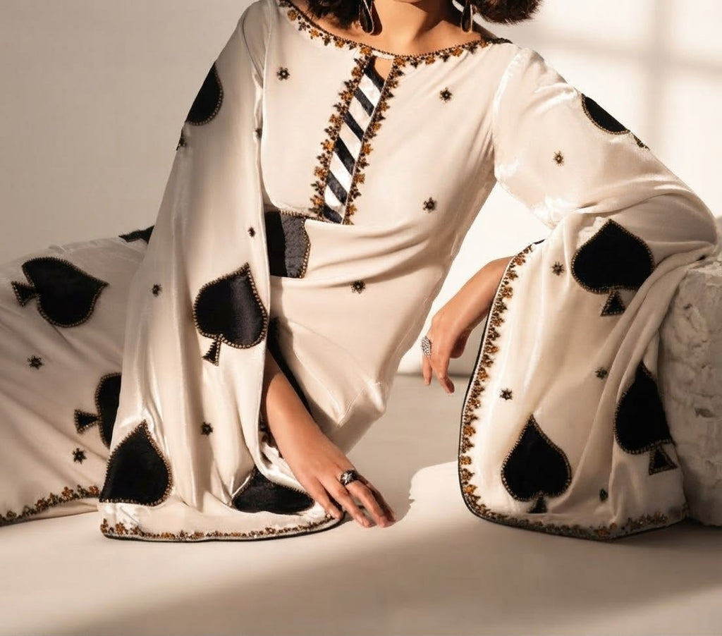 Premium White Velvet Kaftan for Women | Black Heart Embroidery | Wedding and Occasion Party Wear