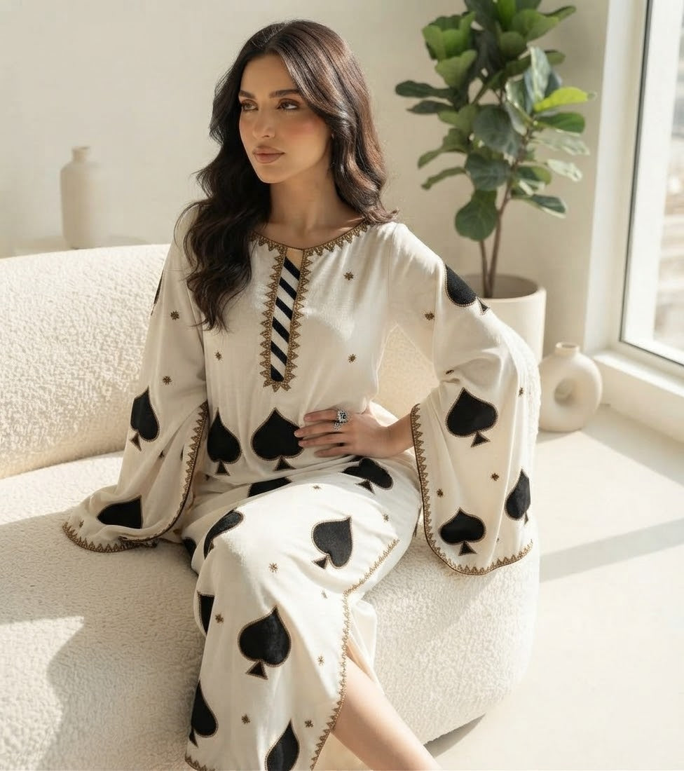 Premium White Velvet Kaftan for Women | Black Heart Embroidery | Wedding and Occasion Party Wear
