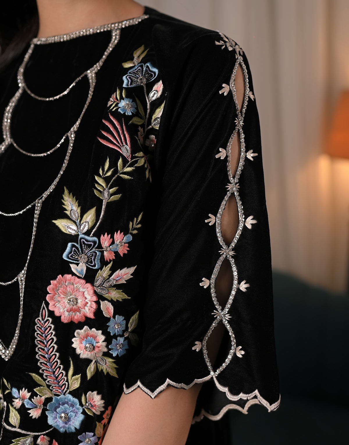 Designer Black Velvet Rainbow Embroidery Kaftan Dress | Events Wedding Occasion Wear Collection