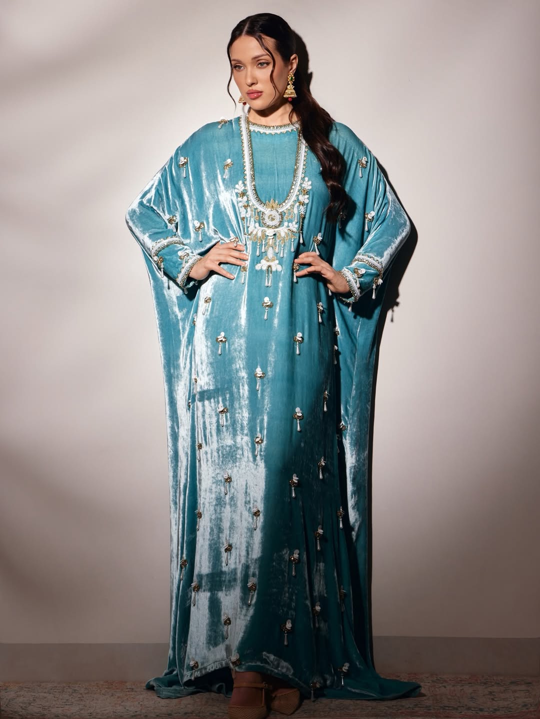 Royal Velvet Kaftan Gown with Intricate Sleeve Embroidery