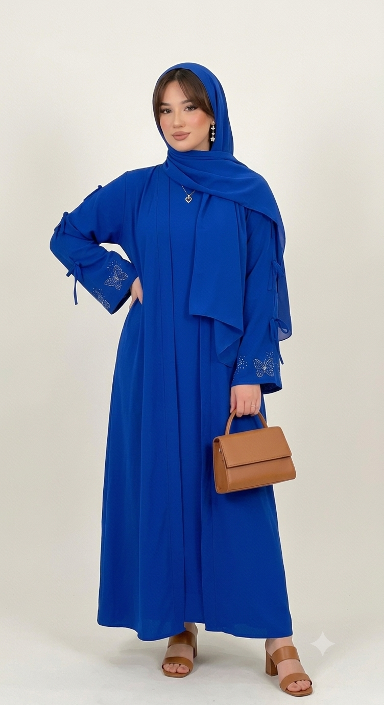 Woman wearing multiple colors available butterfly stone embellished abaya — embellished nida modest abaya by Rubab's Hijab