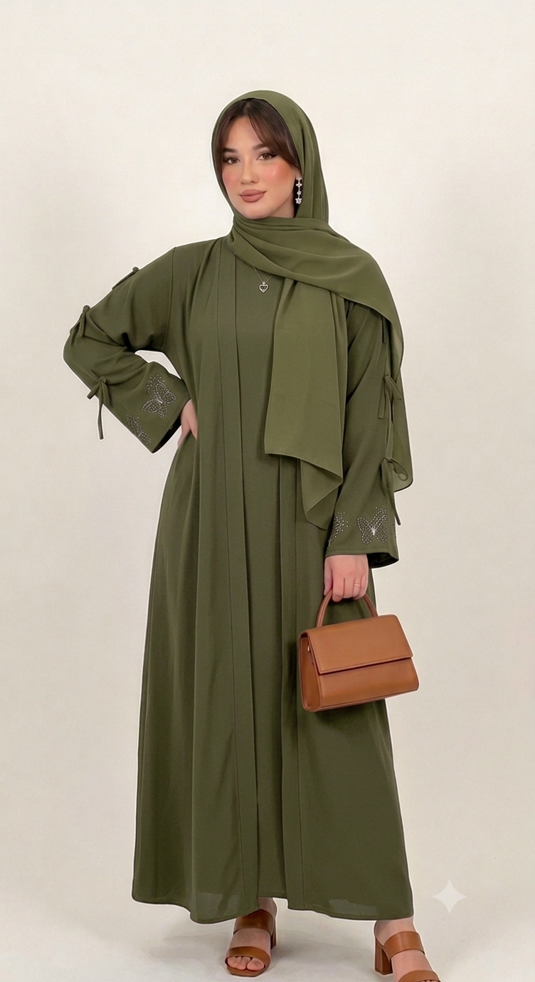 Woman wearing multiple colors available butterfly stone embellished abaya — embellished nida modest abaya by Rubab's Hijab